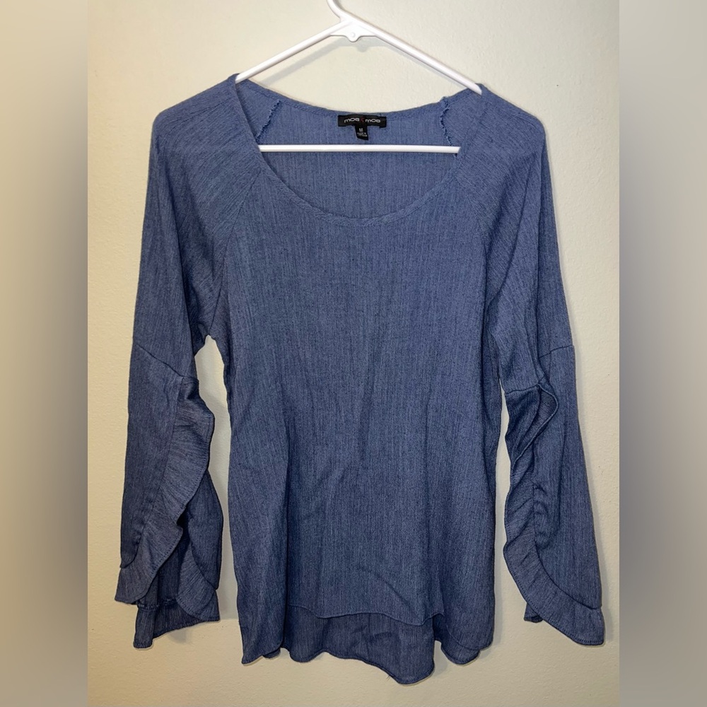 Moa Moa Woman's Blue Crinkle Top w/ Romantic Slit Ruffle Sleeves Blouse!